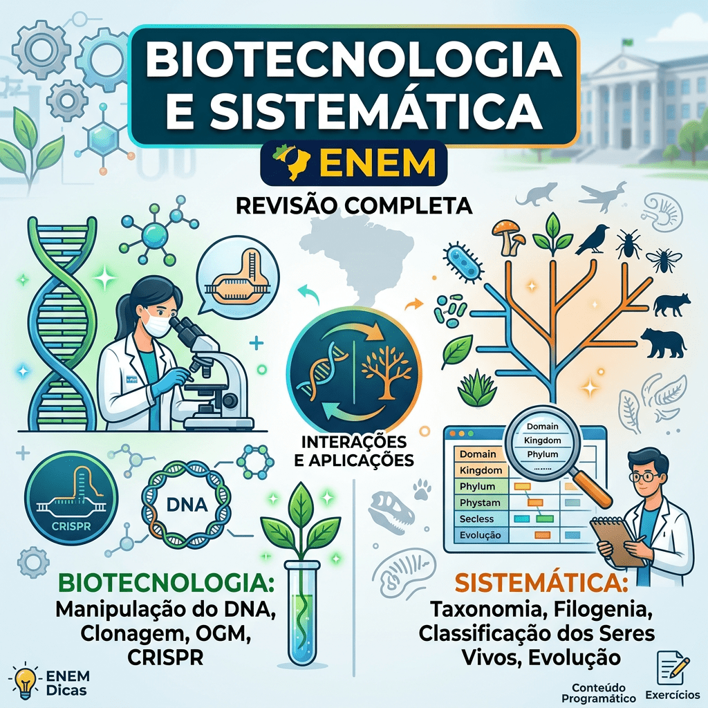Infographic on biotechnology and systematics including DNA manipulation, cloning, taxonomy, and evolution.