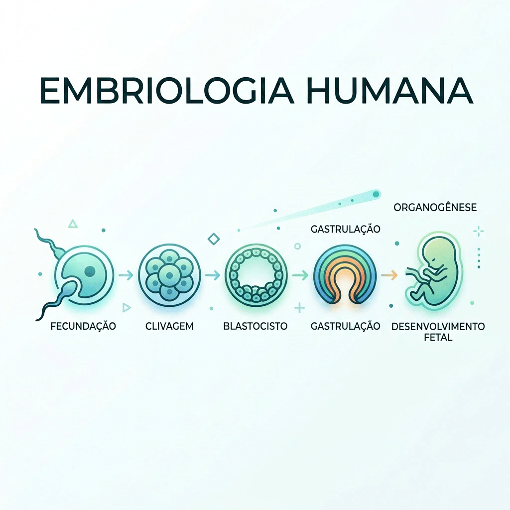 Diagram of human embryology stages including fertilization, cleavage, blastocyst, gastrulation, organogenesis, and fetal development