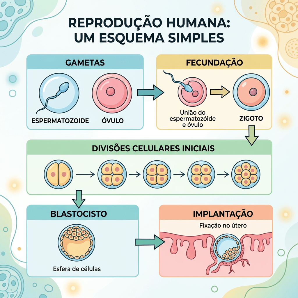 Diagram showing human reproduction stages: sperm and egg gametes, fertilization forming zygote, initial cell divisions, blastocyst, and uterine implantation.