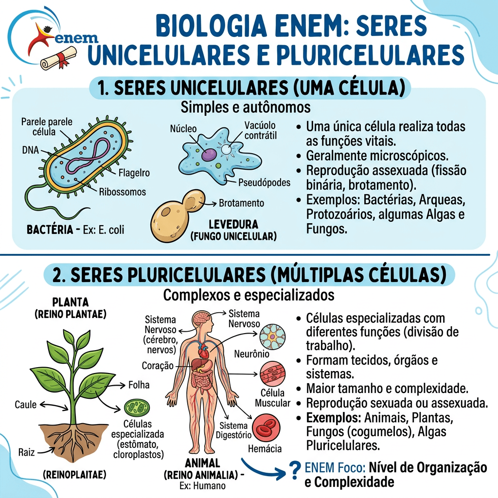 Diagram showing differences between unicellular and multicellular organisms with labeled cell structures and examples