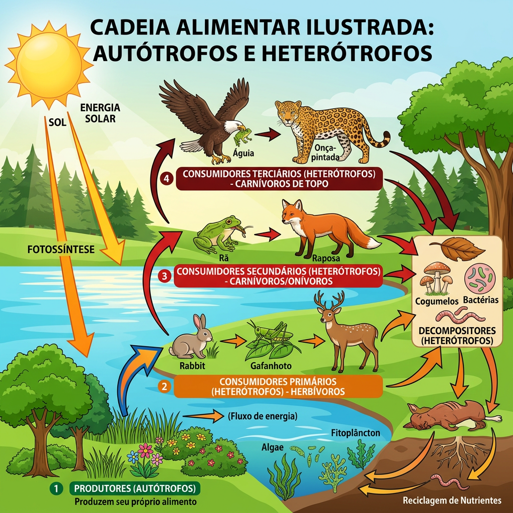 Food chain diagram with autotrophs, primary herbivores, secondary and tertiary heterotroph consumers, decomposers, and solar energy flow
