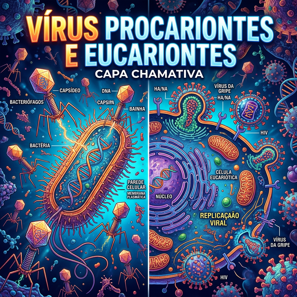 Illustration comparing viruses infecting prokaryotic bacteria and viruses infecting eukaryotic cells