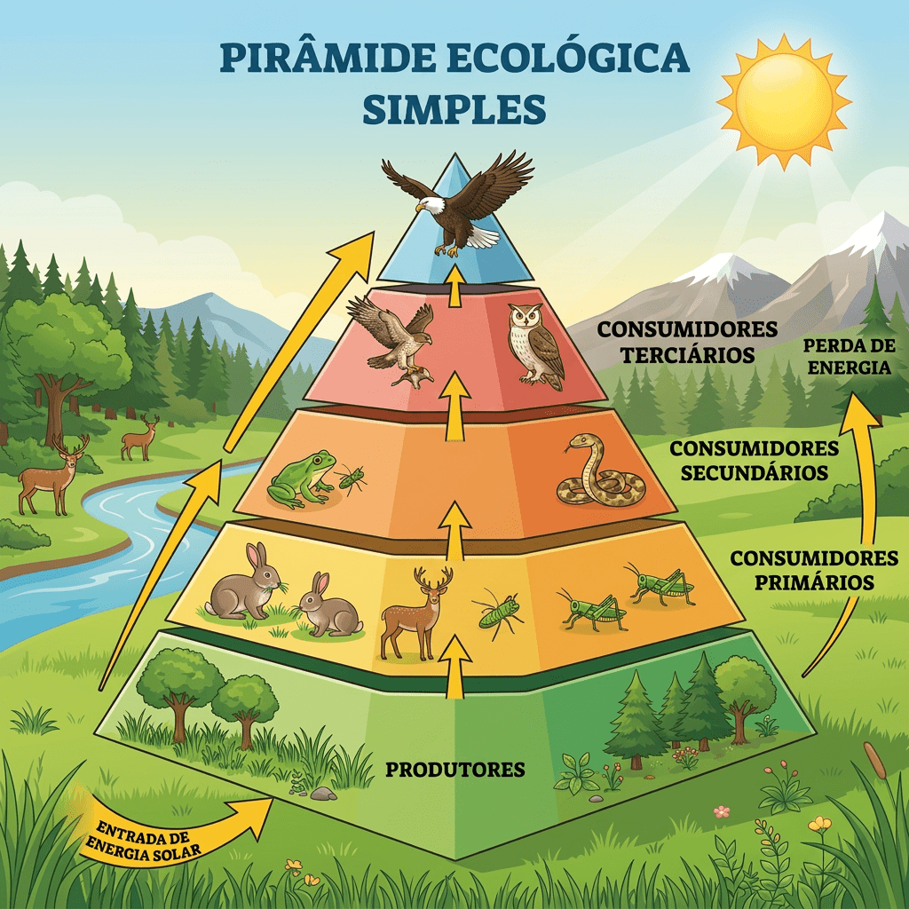 Ecological pyramid with producers at the base and tertiary consumers at the top showing energy flow and loss