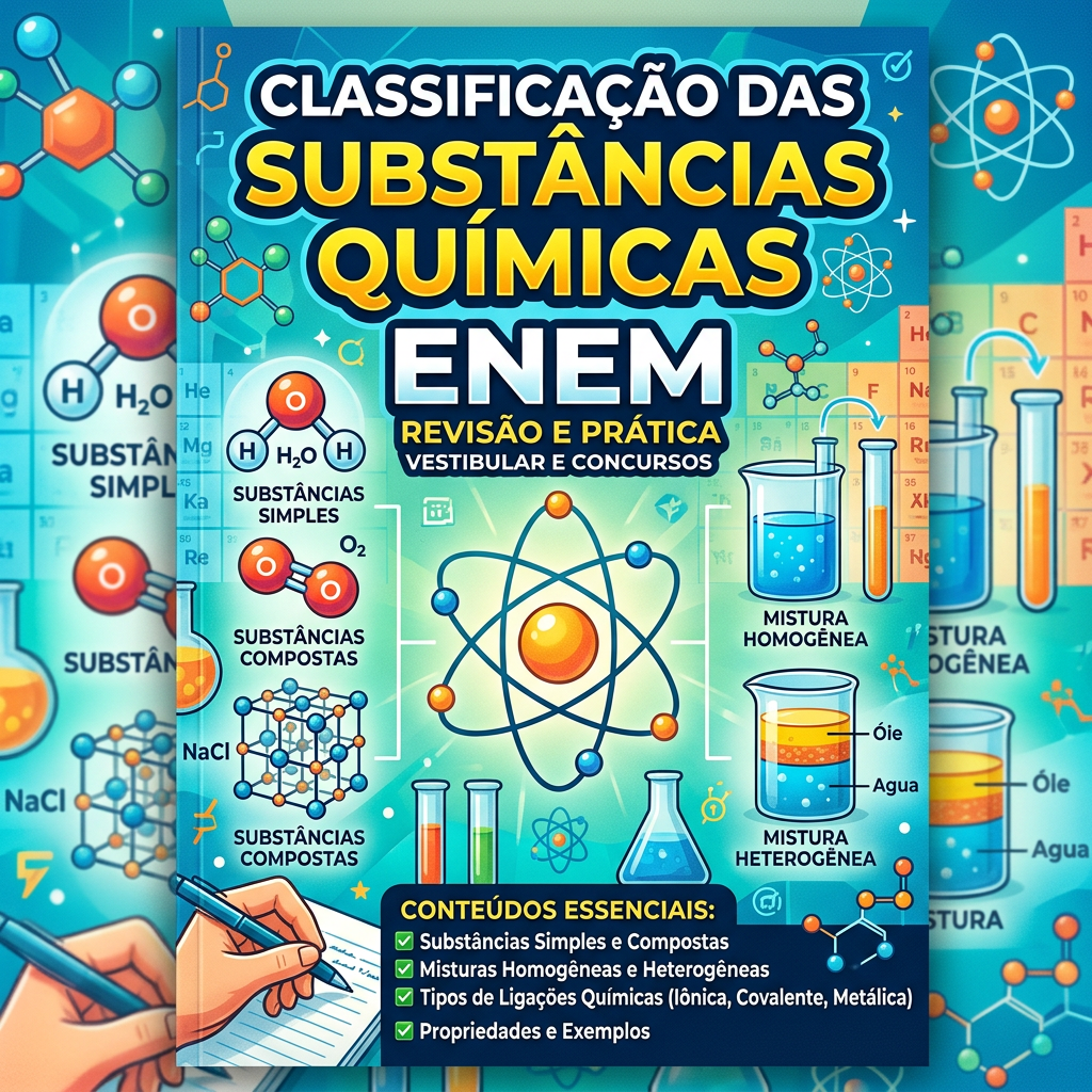 Illustrated chemical substances classification including simple and compound substances, homogeneous and heterogeneous mixtures, and chemical bonds.