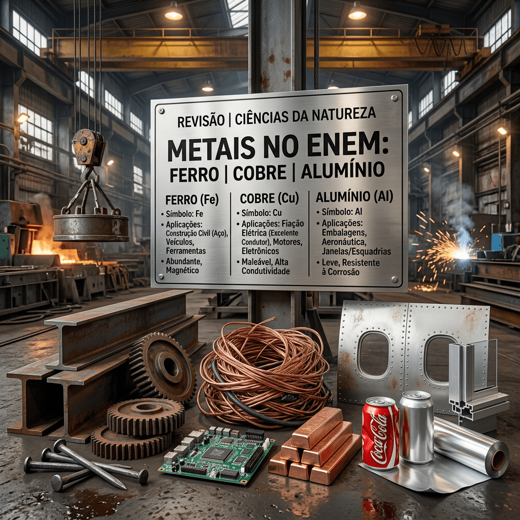 Revision notes on iron, copper, and aluminum metals with symbols and applications for ENEM exam