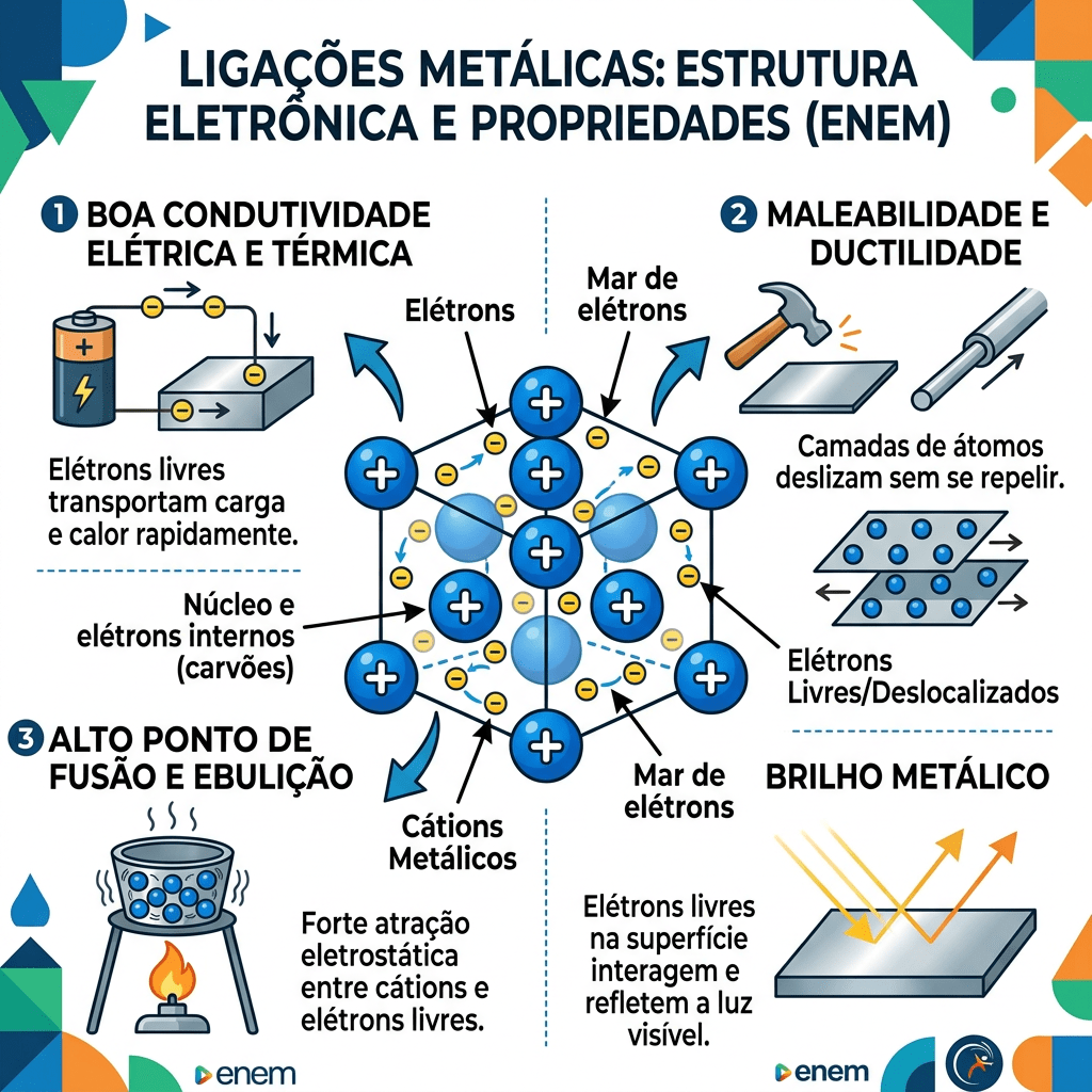 Diagrama explicando estrutura eletrônica e propriedades das ligações metálicas, incluindo condutividade, maleabilidade, ponto de fusão e brilho metálico.