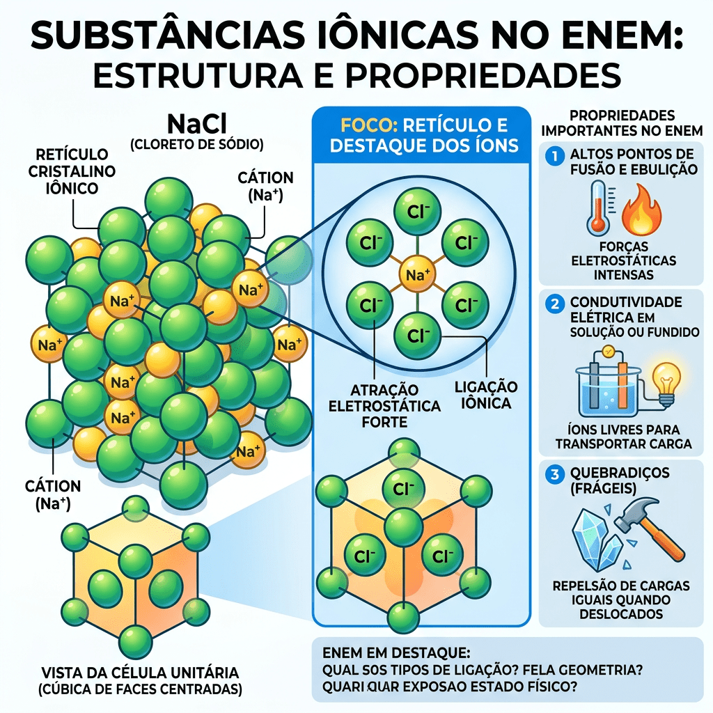 Substâncias iônicas ENEM lattice and ions highlight