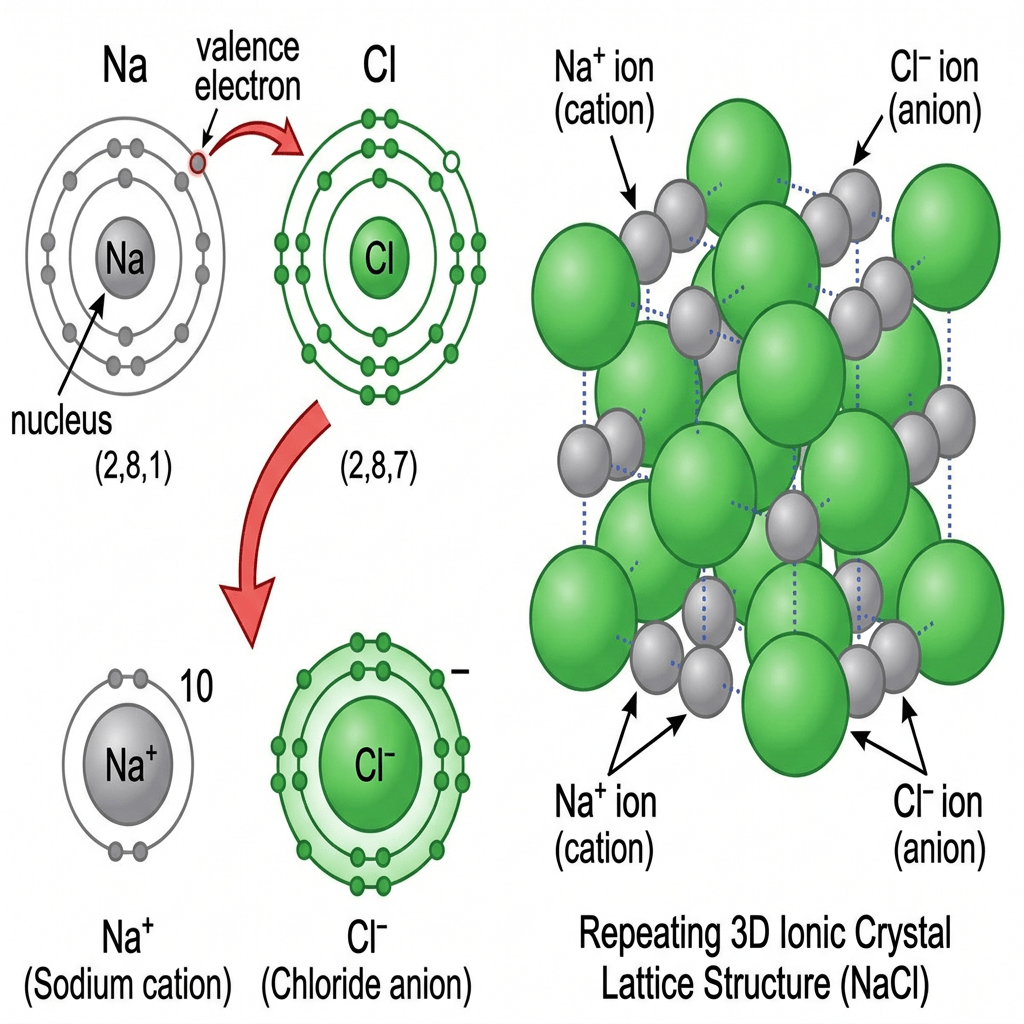 Sodium and chloride ions forming ionic bonds and crystalline lattice