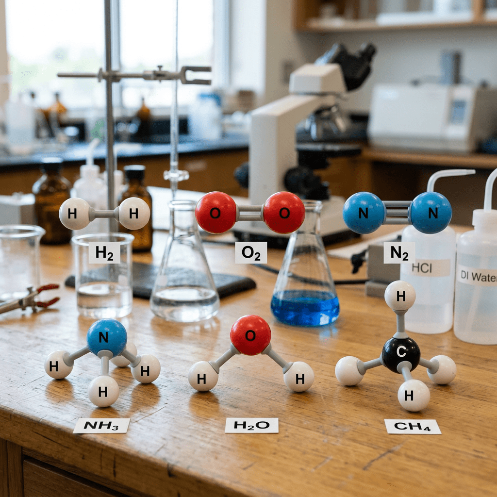 Molecular models of H2, O2, N2, NH3, H2O, and CH4 molecules on a wooden lab table with glassware and a microscope in the background