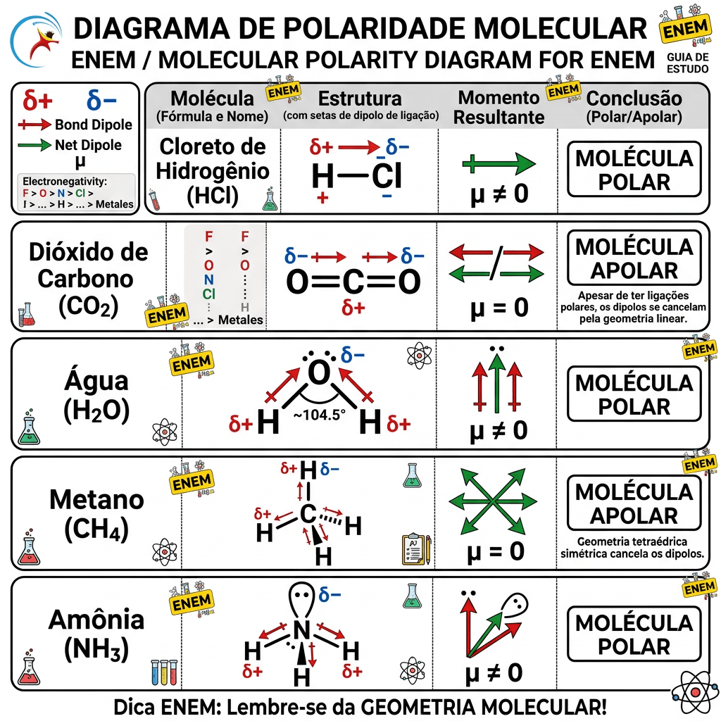 Diagram showing molecular polarity concepts with examples of HCl, CO2, H2O, CH4, and NH3 and their dipole moments and conclusions of polar or nonpolar.