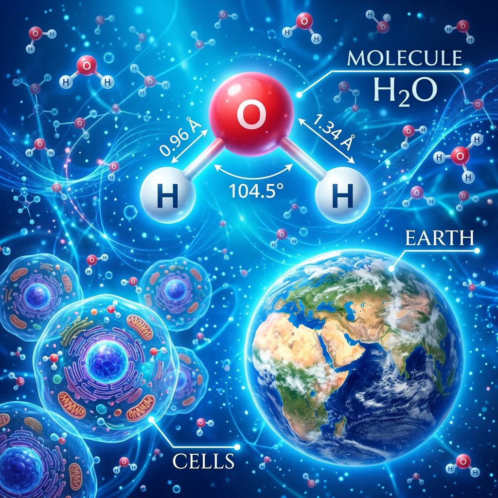 H2O molecule model showing bond lengths and angles alongside Earth and biological cells