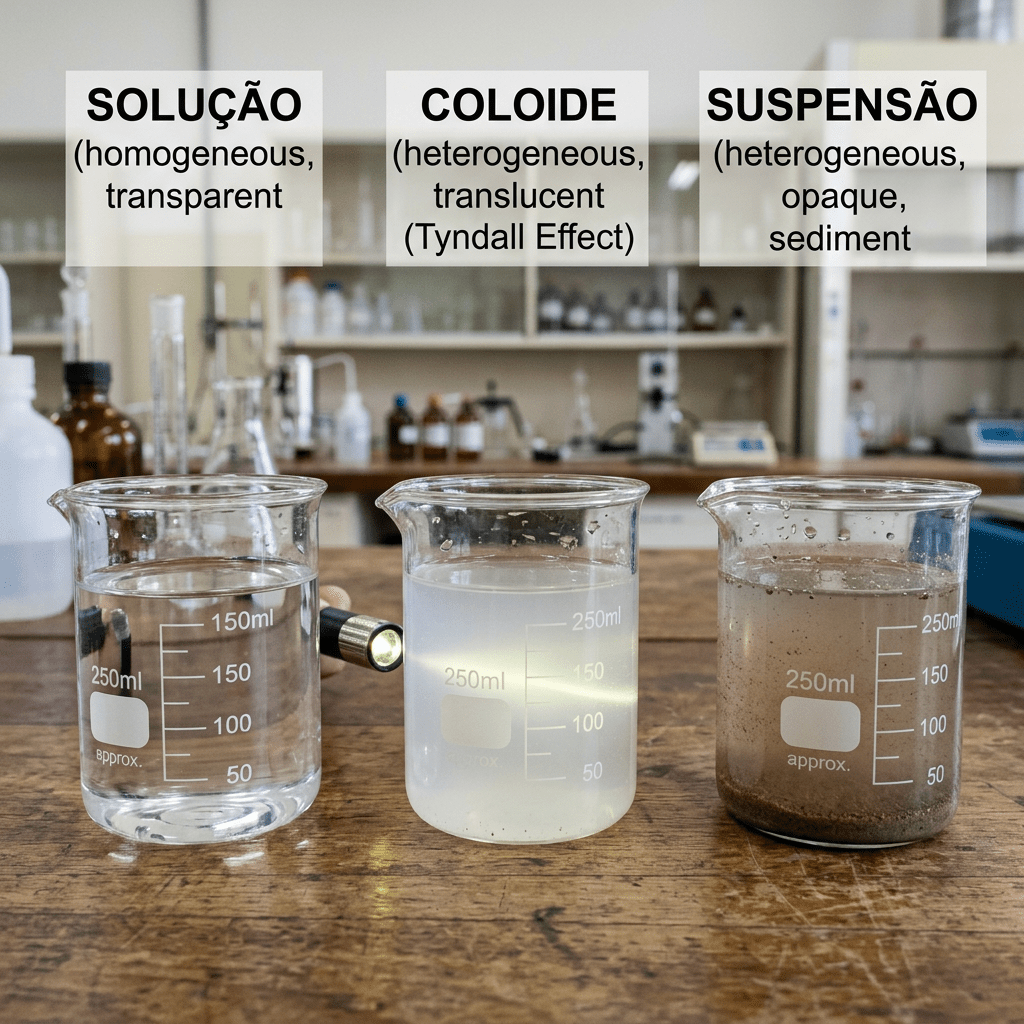 Three labeled beakers showing solution, colloid, and suspension with a flashlight beam through the colloid