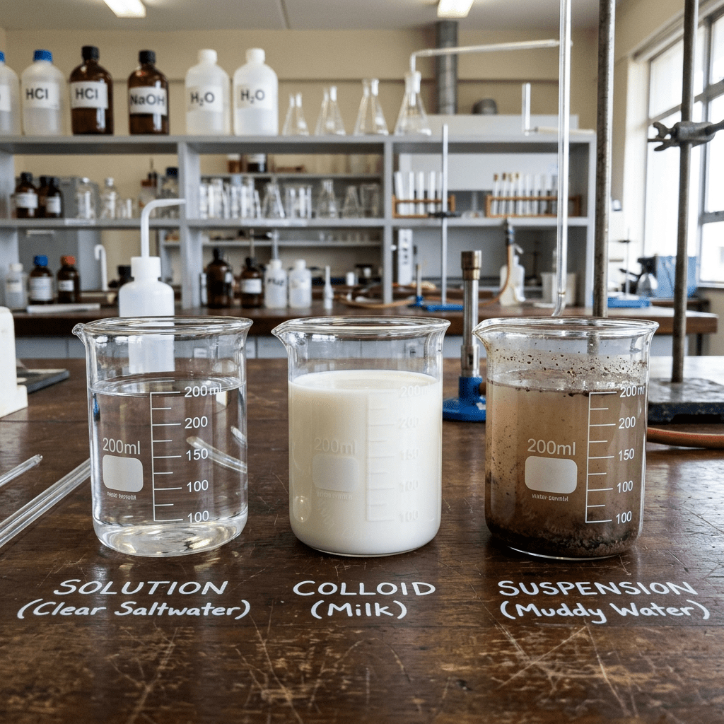 Beakers labeled solution with clear saltwater, colloid with milk, and suspension with muddy water