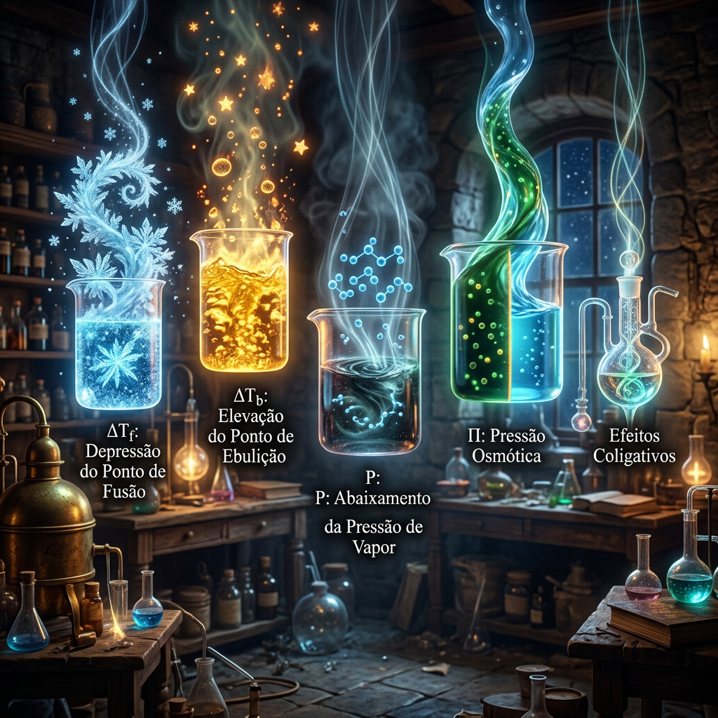 Five beakers illustrating freezing point depression, boiling point elevation, vapor pressure lowering, osmotic pressure, and colligative effects in a laboratory.