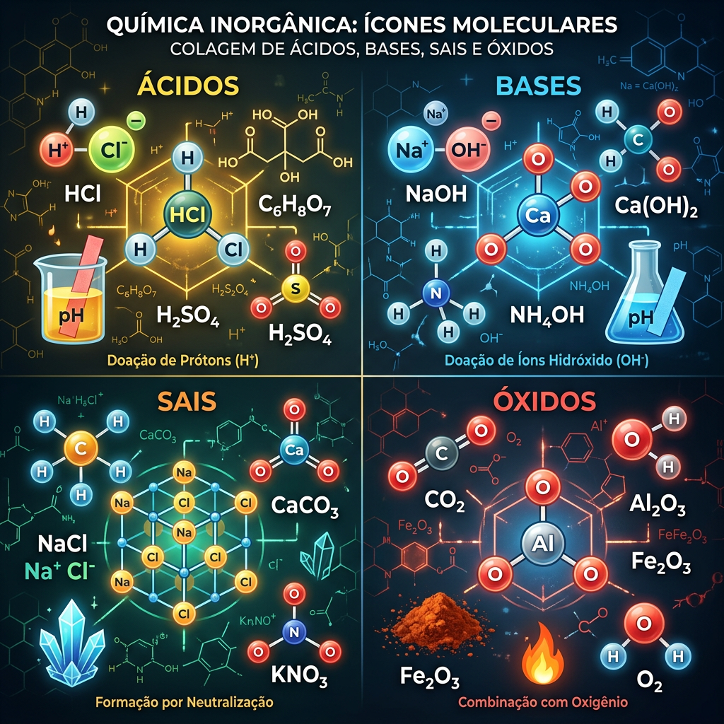 Molecular structures and chemical formulas of acids, bases, salts, and oxides with pH indicators and ion donation explanations in Portuguese