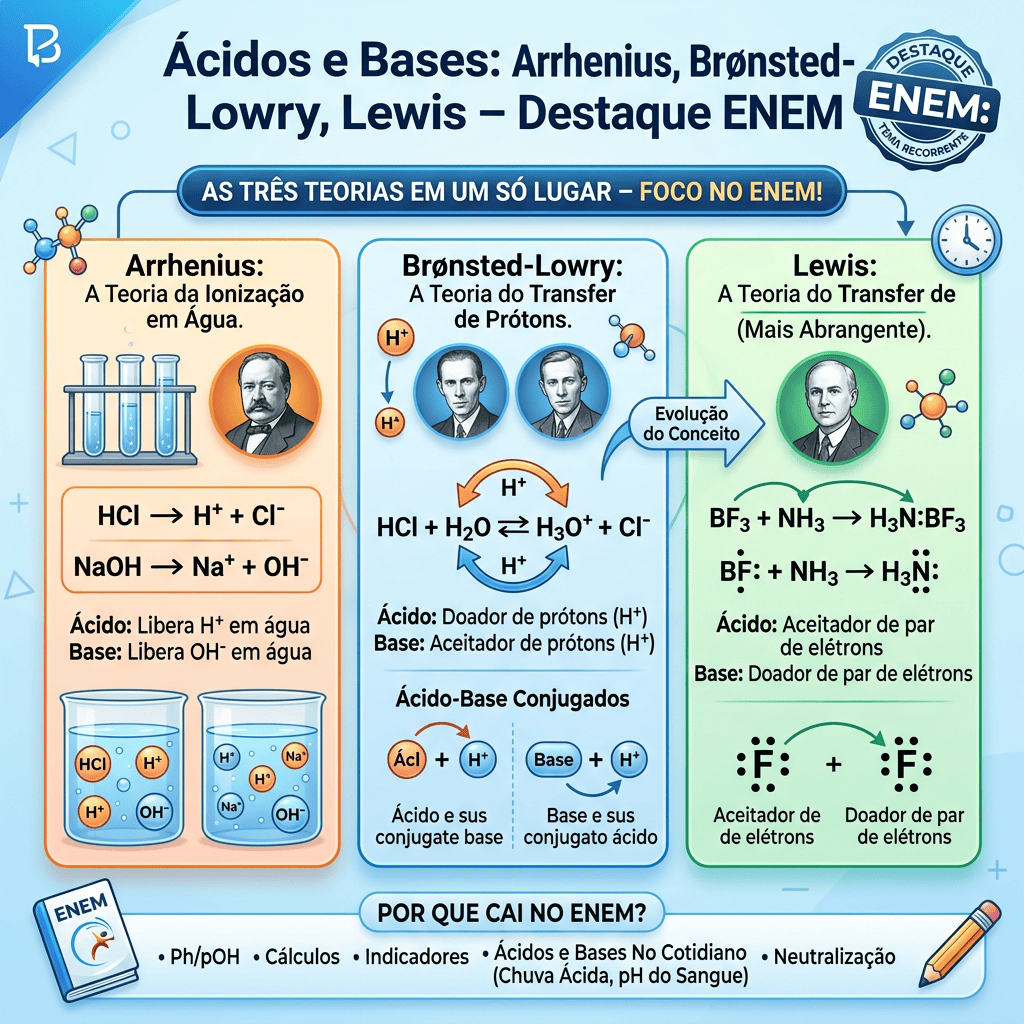Diagrams and explanations of Arrhenius, Brønsted-Lowry, and Lewis acid-base theories.