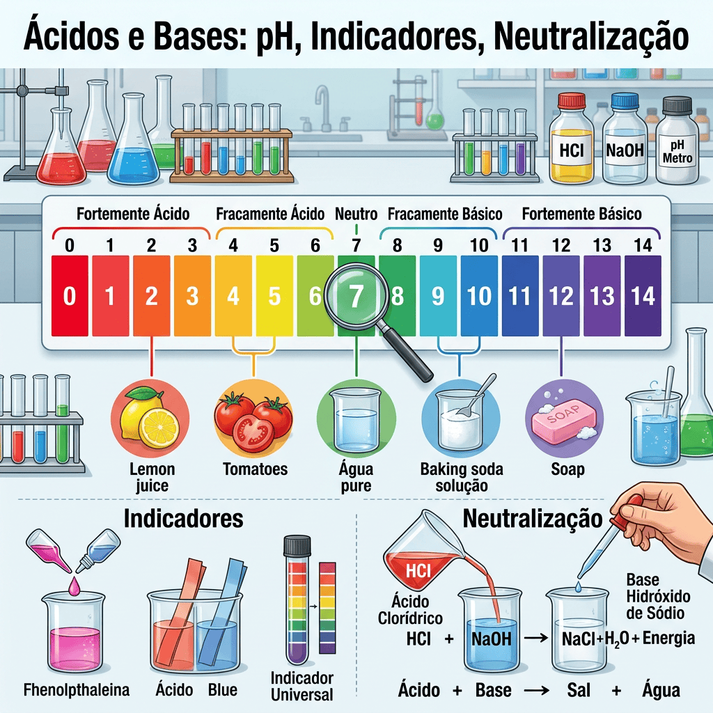 pH scale illustrating acidic, neutral, and basic ranges with examples and neutralization reaction