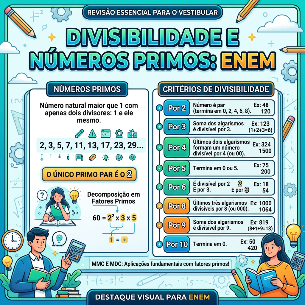 Chart explaining prime numbers and criteria for divisibility by 2, 3, 4, 5, 6, 8, 9, and 10 with examples and decomposition of prime factors.