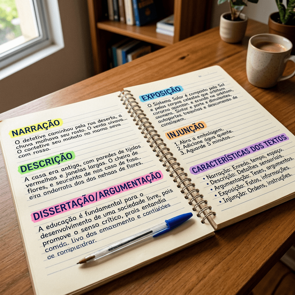 Notebook page with highlighted sections labeled Narration, Description, Dissertation/Argumentation, Exposition, Injunction, and Text Characteristics