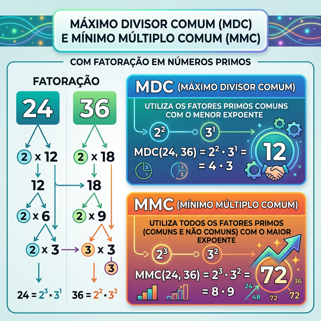 Prime factorization steps of 24 and 36 with GCD (12) and LCM (72) calculations