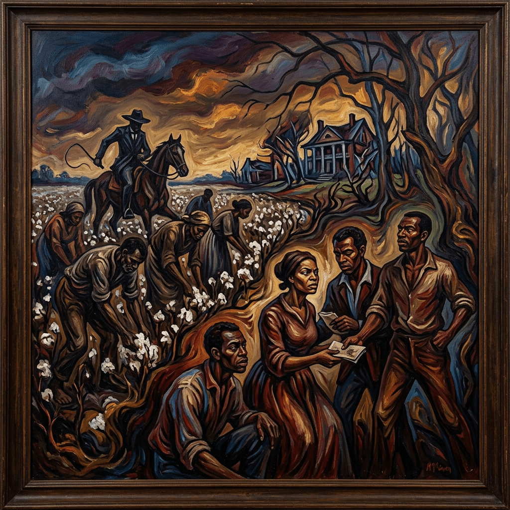 Expressionist slavery and resistance scene in America