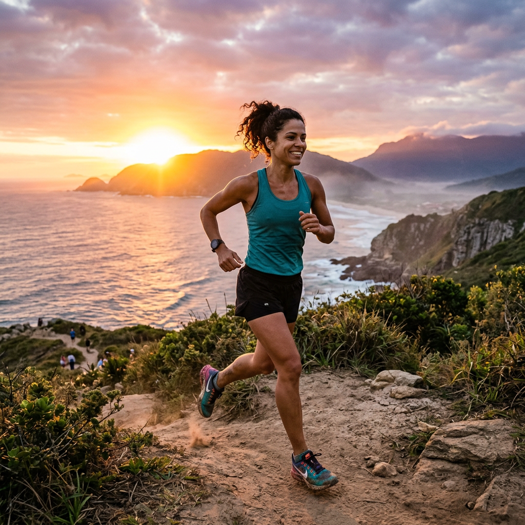 Woman running on a rocky coastal trail with ocean and sunset in background