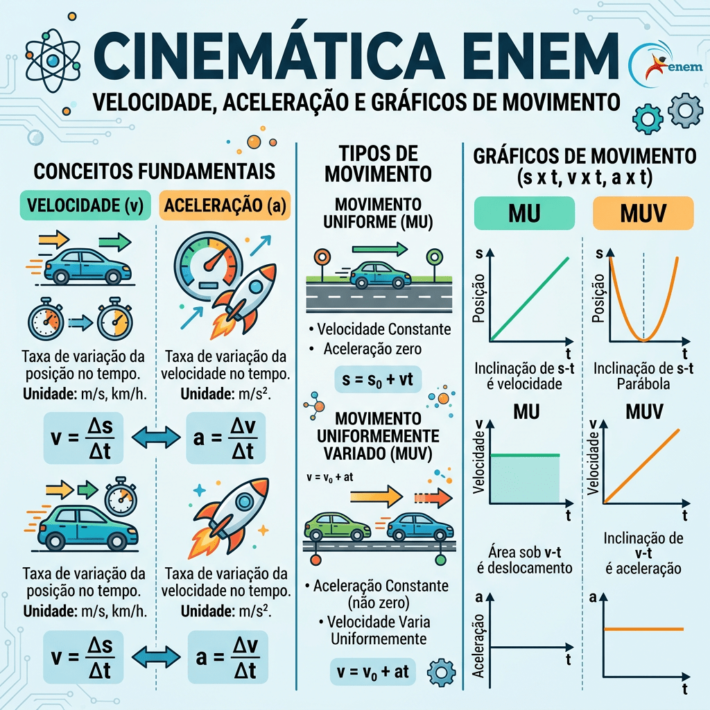 Kinematics concepts with velocity, acceleration formulas, motion types, and graphs.