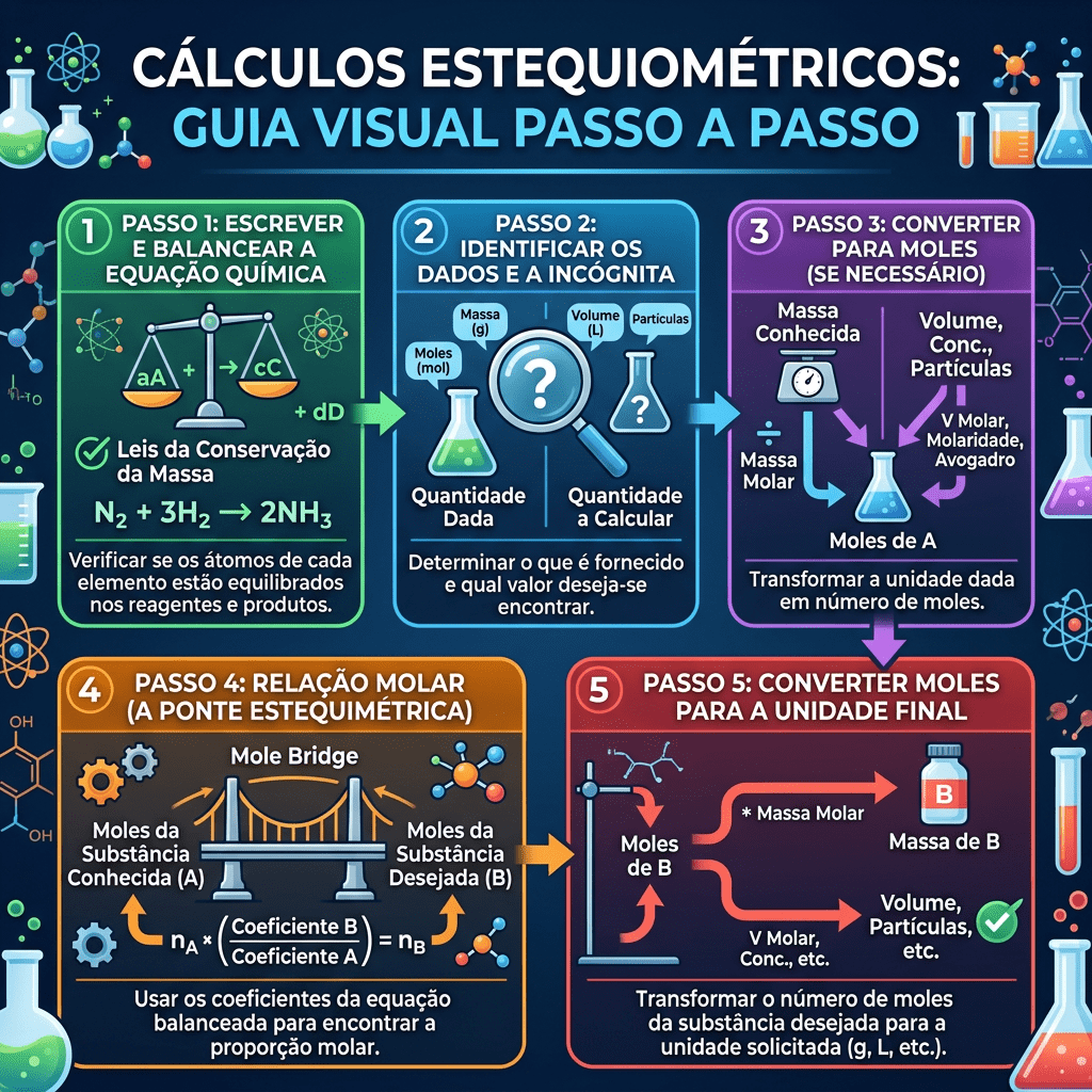 Step-by-step visual guide for stoichiometric calculations with balanced equation, data identification, mole conversion, molar ratio, and final unit conversion