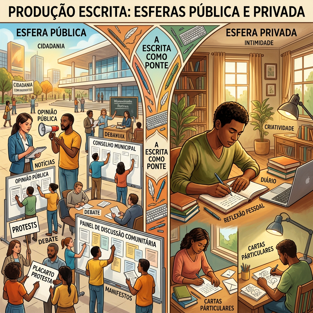 Illustration showing public sphere with community protests and discussions and private sphere with personal writing activities.