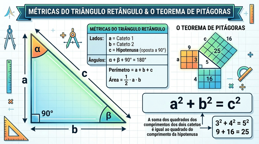 Right triangle with sides a, b, and hypotenuse c, and Pythagorean theorem formula a squared plus b squared equals c squared