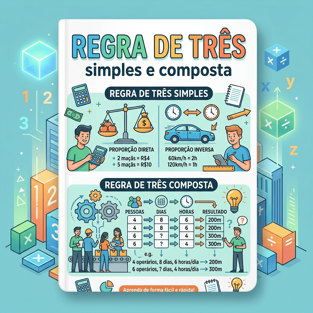 Illustration explaining simple and compound rule of three with math symbols, scales, clocks, and people working