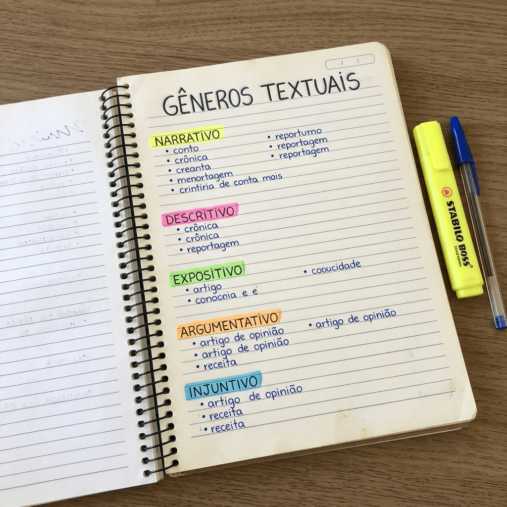 Notebook page listing textual genres with categories highlighted in yellow, pink, green, orange, and blue
