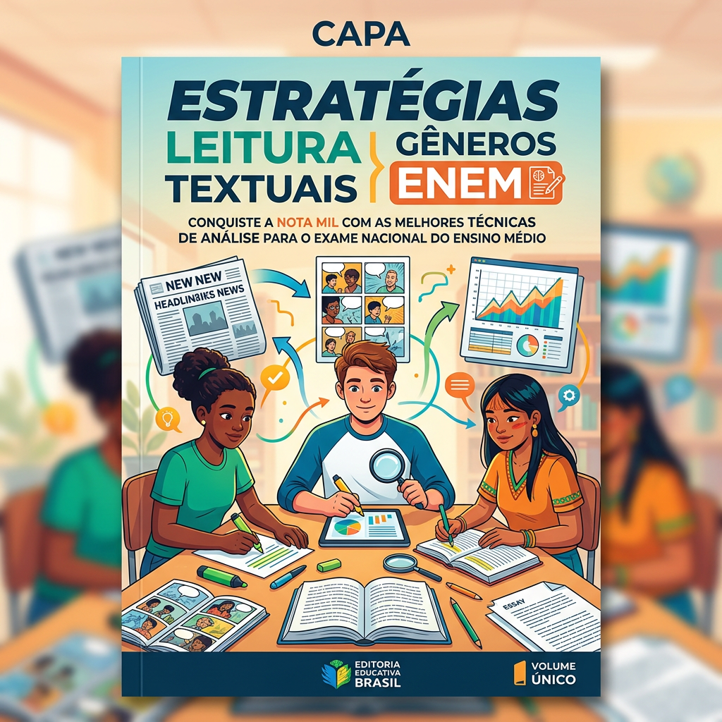 Three students studying with books, comics, charts, and notes for ENEM exam preparation