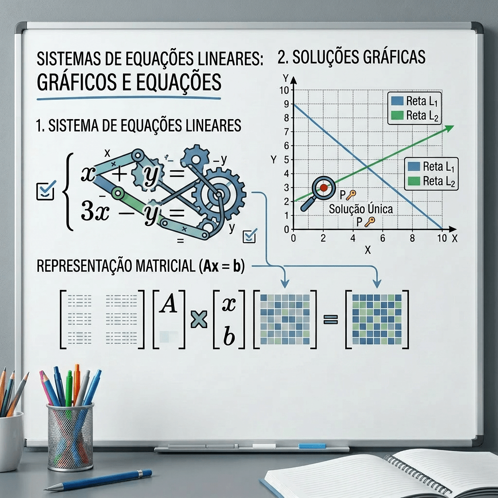 Whiteboard displaying system of linear equations, matrix form, 2D and 3D graphical solutions with annotated points.