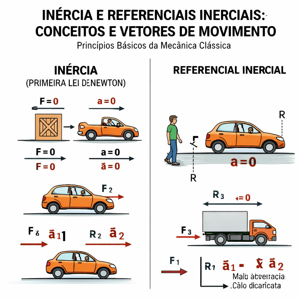 Diagram showing Newton's first law and differences between inertial and non-inertial reference frames with cars and forces.