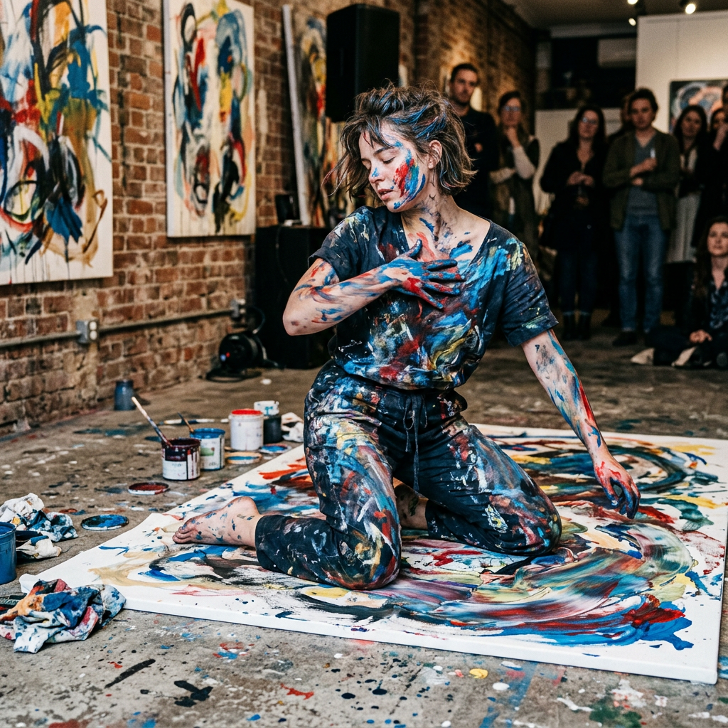 Artist covered in paint performing expressive live painting on canvas