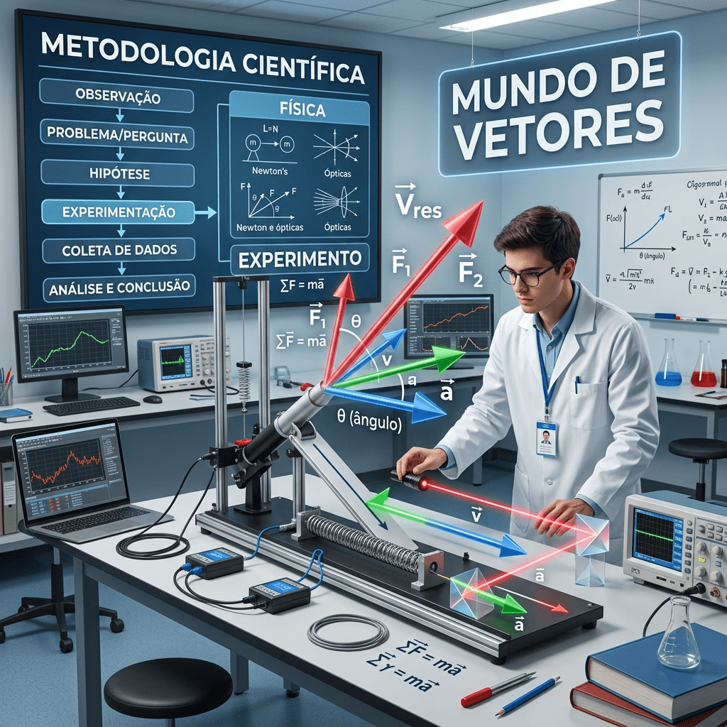 Scientist performing a physics experiment with vectors and scientific method diagrams