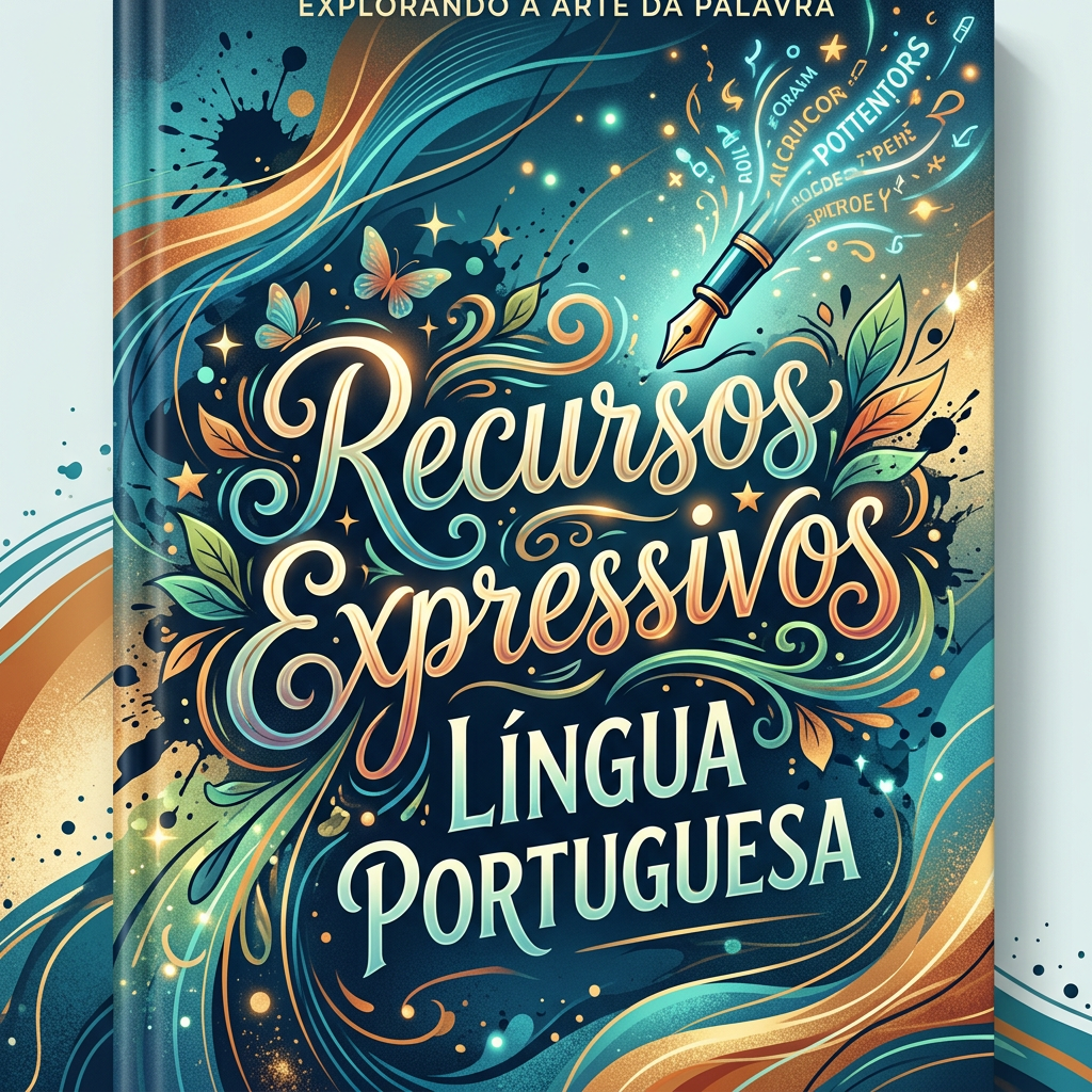 Book cover titled Recursos Expressivos Língua Portuguesa with decorative pen and floral designs.