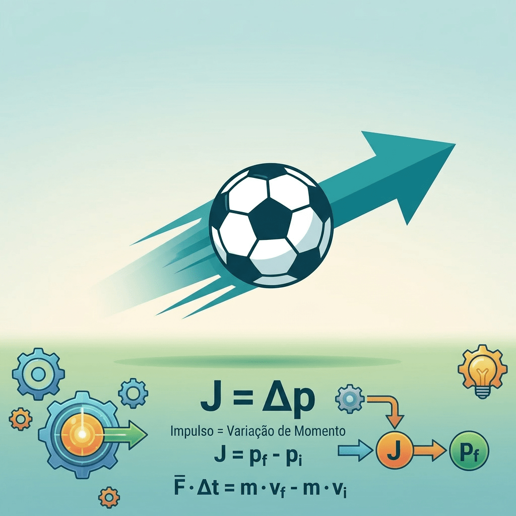 Diagram explaining momentum (p = m · v) and impulse (J = F · Δt) with examples of vehicles, a rocket, and sports.